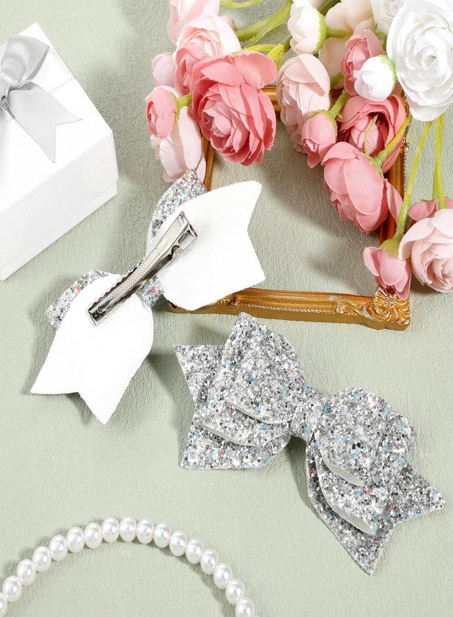 Styquenzer 2 Pcs Silver Hair Bow Clips, 5 Inch Glitter Hair Bows for Girls Sparkly Double Bowed Accessories Glitter Sequin Boutique Head Clip Delicate Satin Headwear for Birthday Wedding Party Back School Gift - Image 4